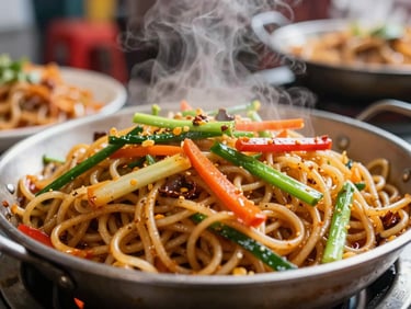 Fiery wok-tossed noodles with colorful vegetables, steam rising, vibrant street food style, 35mm photography