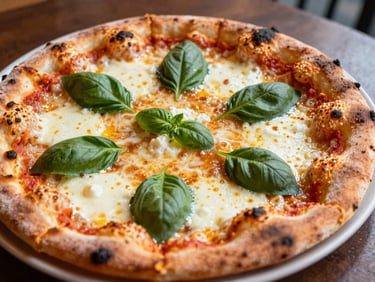 Crispy wood-fired thin crust pizza topped with fresh basil and melted mozzarella cheese, warm oven glow