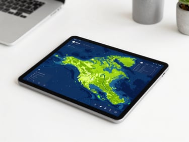 Vista superior de un espacio de trabajo moderno y minimalista, una tableta digital muestra un mapa de calor detallado de un e-commerce con tonos azul profundo y verde lima, luz natural brillante, enfoque nítido.