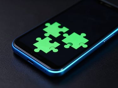 Sleek tech photography of a physical Android phone lying on a dark surface, displaying a minimalist neon green vector puzzle game, neon blue rim lighting, high contrast macro shot.