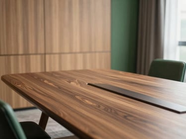 Executive boardroom table in certified freijo wood, architectural wall paneling, soft natural lighting, high-end corporate style, 35mm