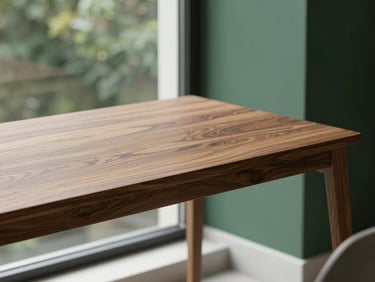 Minimalist home office desk made of solid walnut, clean cable management, soft window light, architectural lines, 35mm