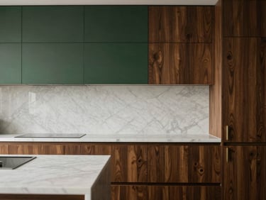 Architectural shot of a luxury minimal kitchen, dark oak cabinets, white marble countertop, soft daylight, 35mm