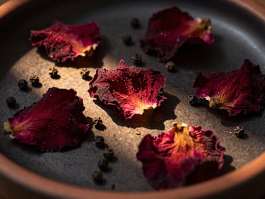 Extreme close-up of dried rose petals and black pepper corns scattered across dark terracotta ceramic, golden-hour side light raking across the surface revealing shadow and texture, burgundy and rust tones against near-black ground