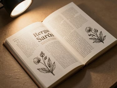Overhead close-up of a handbound zine lying open on aged kraft paper, pages showing dense editorial typography and botanical ink illustrations, soft warm overhead lamp light, cream and burnt sienna tones