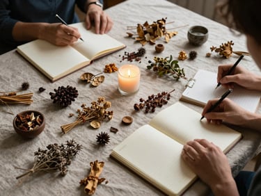 Wide shot of a small intimate workshop table seen from above, scattered dried botanicals and open notebooks on raw linen, warm candlelight and ambient studio light, hands visible mid-gesture, no faces, culturally textured setting