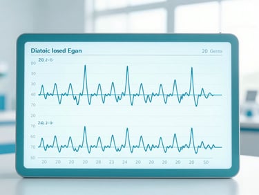 A clean, high-contrast digital medical chart displaying systolic and diastolic blood pressure trends over a thirty-day period, sharp lines, clinical slate blue and teal tones, bright indirect daylight.