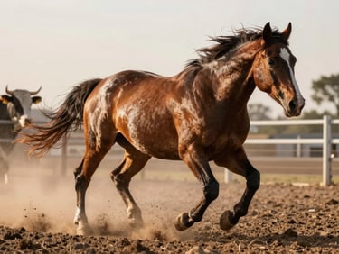 Grounded close-up action shot of a paint horse turning hard on a cow in a dusty arena, dirt flying, muscles defined under golden hour sun.
