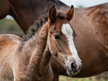 A close-up of a young paint foal's alert face and ears, standing beside its mother in a natural ranch setting.