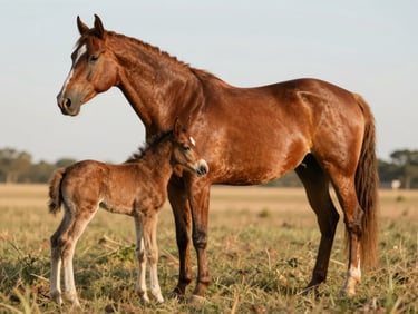 A chestnut mare standing with her young foal in a sun-bleached Oklahoma pasture, soft evening light showcasing her maternal strength and correct conformation.