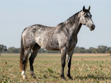 A mature quarter horse broodmare standing naturally in a wide Oklahoma pasture, strong hocks, clean legs, and deep-pedigreed presence.