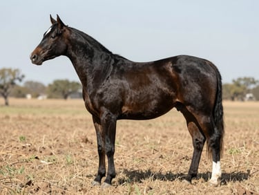 A sharp conformation profile of a paint yearling prospect standing in a dusty Oklahoma pasture, high-contrast midday sun highlighting athletic conformation.