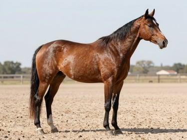 Side profile of a bay Quarter Horse mare standing square on clean dirt, highlighting strong hocks, deep chest, and alert ears, natural midday sun.