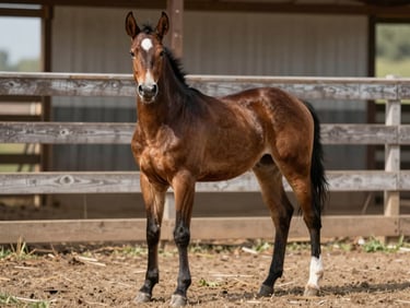 A strong-boned bay yearling standing alertly in a wooden corral, natural lighting.