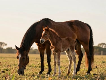 A mature Quarter Horse broodmare grazing with her young foal in a sun-bleached Oklahoma pasture at golden hour.