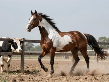 A started paint horse working a cow along the fence line, dust kicked up in the arena.