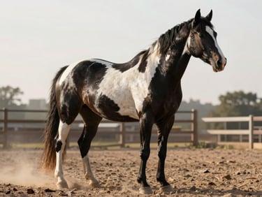 A high-contrast photo of a black-and-white Paint mare in a dusty round pen, golden light highlighting her clean bone and powerful hindquarters.