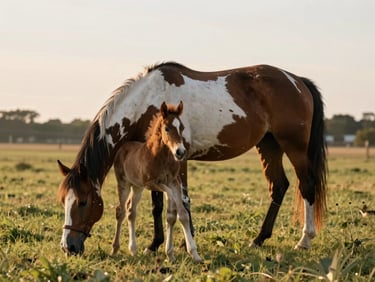 A paint mare and her young foal grazing in a wide Colcord pasture under soft evening light.