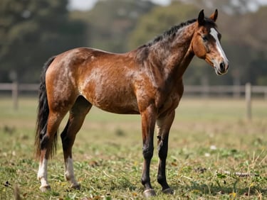 A year-old paint horse prospect standing naturally in an open pasture, strong hocks and clean legs visible.