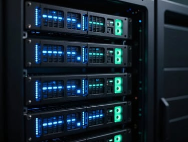 Macro photography of server racks glowing with electric mint and data-stream blue LED lights in a dark data center, high-contrast, technical depth.