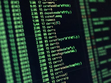 Macro close-up of high-contrast green terminal code displaying complex stochastic matrix calculations on a dark screen, sharp focus, 35mm lens
