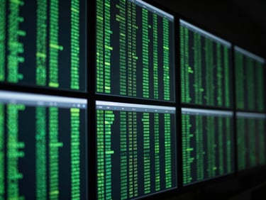 Dark technical photography of high-contrast green data streams on glass screens, low-key cool-toned lighting, sharp focus, 35mm lens