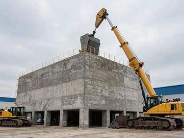 Heroic low-angle shot of a massive concrete foundation pour for an industrial logistics hub, heavy machinery active, overcast daylight