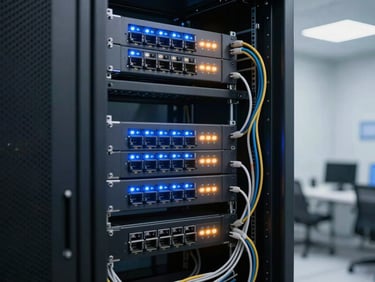 A close-up detailed shot of a neatly organized server rack with blue and amber LED status lights, clean cabling, professional networking hardware, bright indoor technical room lighting.