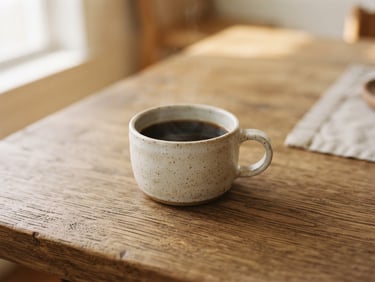A serene close-up of a ceramic coffee cup resting on a textured natural oak table, soft morning daylight casting gentle shadows, minimalist Japandi aesthetic, 35mm film style