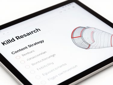Close-up of a wireframe on a tablet, showing keyword research and content strategy, clean modern workspace, bright high-key studio lighting, high-contrast red and white accents, sharp focus, 35mm lens.