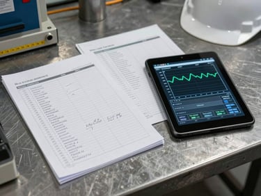 Overhead study of a maintenance data log spread on a steel worktable, handwritten annotations visible, a digital tablet beside it showing a live sensor trend line, hard ambient factory light