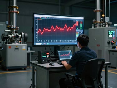 Wide shot of a plant floor monitoring station at night, a single screen showing a red-highlighted alert line within a trend graph, operator seated with back to camera reviewing the readout, dim ambient light from surrounding machinery