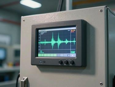 Close-up of a data acquisition unit panel showing real-time waveform readings on a small monochrome display, mounted on a steel cabinet wall inside a loud industrial plant, hard overhead light casting sharp instrument shadows