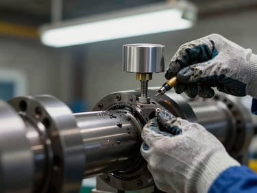 Extreme close-up of a vibration sensor being bolted onto a rotating shaft housing in a factory, technician's gloved hands tightening the mount, hard fluorescent workshop light, metal surface textured with grease and wear