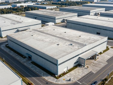 Aerial view of a modern industrial park with clean concrete logistics buildings, flat roofs, and wide access roads under bright daylight.