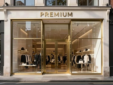 Premium street-level view of a modern retail storefront with a double-height glass facade, clean architectural lines, minimalist brass accents, daylight.