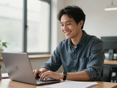 An approachable remote tax professional smiling, working at a bright workspace with a laptop and documents, warm diffused natural light, professional and friendly.