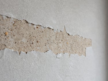 Extreme close-up of a wall surface mid-preparation, layers of old paint being sanded away under soft overcast daylight, visible grain and mineral depth in the plaster, no people