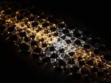 Abstract light-refraction patterns in dark voids, sharp gold specular highlights, quantum precision, low-key lighting