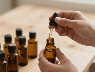 Close up of a professional aromatherapist's hands gently blending organic essential oils in amber glass bottles, soft natural afternoon light, warm sand background