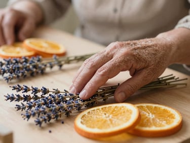 Gently lit close-up of an elderly hand touching dried lavender and orange slices during a sensory workshop, warm and comforting atmosphere, soft focus
