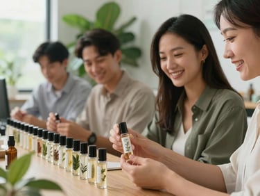 Modern professionals in a bright, green office space smiling and blending custom botanical roll-on perfumes, botanical leaves in background, natural lighting