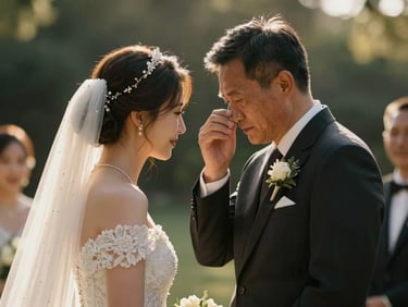 Medium candid composition, soft natural side light, father of the bride wiping a tear during the ceremony.