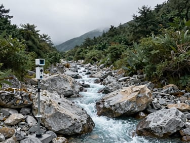 A high-altitude glacial stream flowing through sharp gray rocks under diffused overcast sky, cool tones, scientific monitoring equipment visible