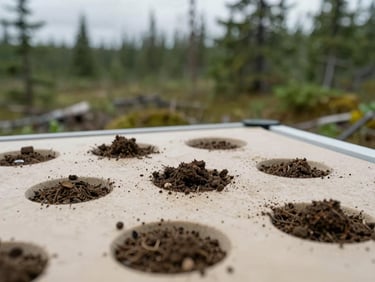 Close-up of a scientific instrument measuring soil core samples in an overcast subarctic field, crisp editorial photography, cool diffused daylight