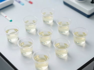 Overhead view of urine specimen cups and analysis strips arranged on a clean clinical lab bench under bright white light, no people visible