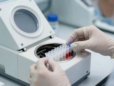 Close-up of gloved hands loading a PCR thermocycler with sample tubes, bright clinical overhead lighting, sterile lab bench, no faces