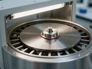 Close-up of a centrifuge rotor in motion inside a clinical lab, specimen tubes visible in slots, stainless steel housing under sharp fluorescent lighting, blurred rotor suggesting active processing