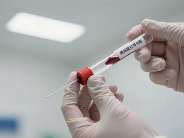 Close-up of a phlebotomy needle entering a blood collection tube held in a gloved hand, clinical white background, sharp fluorescent lighting, no patient face visible