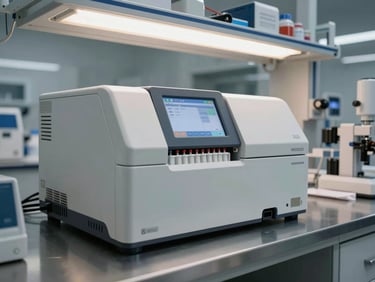 Wide shot of a molecular diagnostic analyzer on a steel lab bench, reagent cartridges loaded, display lit, fluorescent overhead lighting, no staff visible